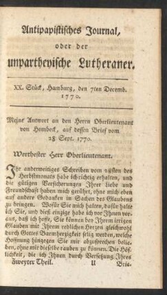 XX. Stück, Hamburg, den 7ten Decemb. 1770