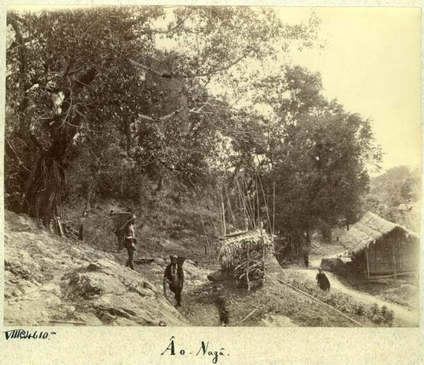 Mountain landscape with workers