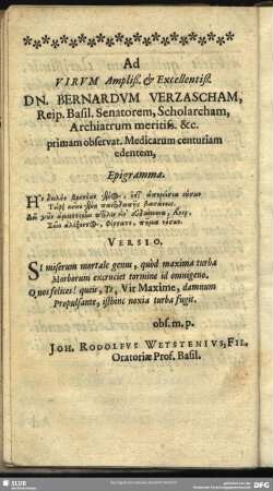 Ad Virum ... Dn. Bernardum Verzascham ... primam observat. Medicarum centuriam edentem, Epigramma