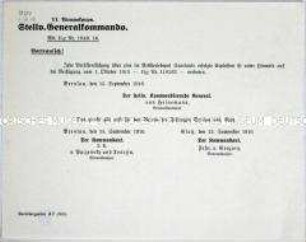 Rundschreiben des stellvertretenden Generalkommandos des VI. Armeekorps zu einer Explosion in einem Artilleriedepot