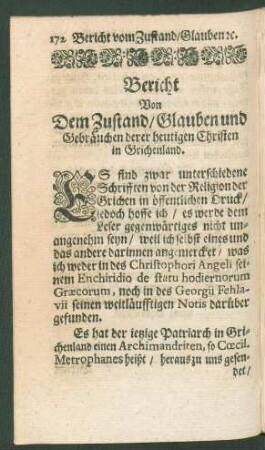 Bericht Von Dem Zustand/ Glauben und Gebräuchen derer heutigen Christen in Grichenland.