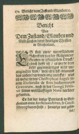 Bericht Von Dem Zustand/ Glauben und Gebräuchen derer heutigen Christen in Grichenland.