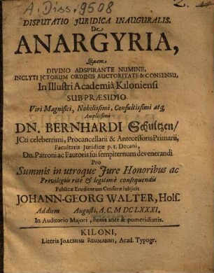 Disputatio Juridica Inauguralis. De Anargyria