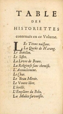 Table Des Historiettes contenuës en ce Volume