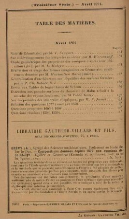 Table des matières. Avril 1891.