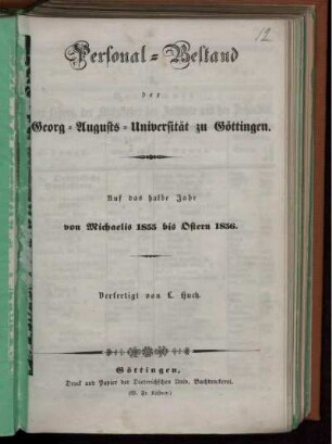 WS 1855/56: Personal-Bestand der Georg-Augusts-Universität zu Göttingen