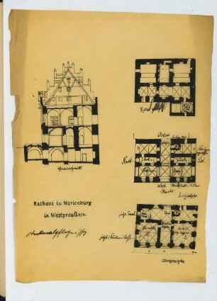 Rathaus, Marienburg: Grundriss Keller, EG, 1.OG, Querschnitt (aus: Skizzen- und Fotoalbum 20)