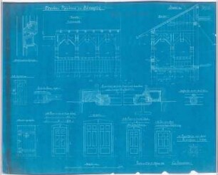 Pfarrhaus zu St. Bartholomäus, Schwagstorf: Ansicht und Schnitt der Veranda und Details der Türen 1:20 und 1:1