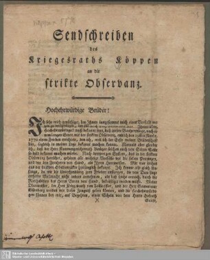 Sendschreiben des Kriegesraths Köppen an die strikte Observanz