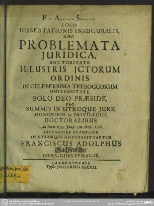 Loco Dissertationis Inauguralis, Haec Problemata Iuridica