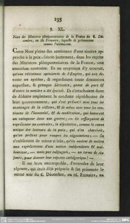 XL. Note des Ministres plénipotentiaires de la France du 6. Décembre, ou 16. Frimaire, laquelle ils présentoient comme l'ultimatum