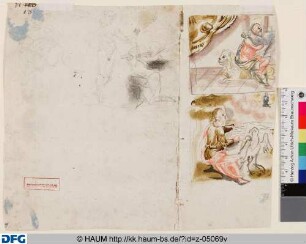 Sitzende männliche Figur; Venus und Cupido(?); Johannes beim Schreiben des Evangeliums; Markus beim Schreiben des Evangeliums