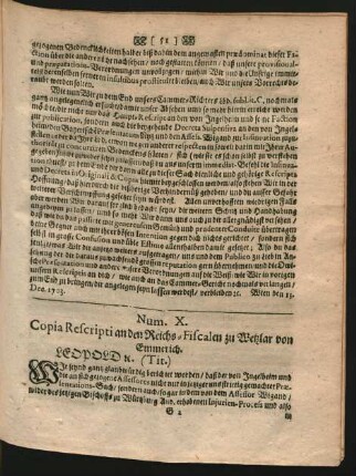 Num. X. Copia Rescripti an den Reichs-Fiscalen zu Wetzlar von Emmerich