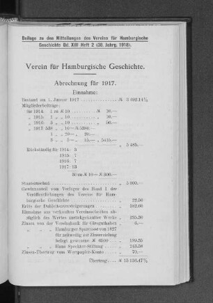 Abrechnung für das Jahr 1917.