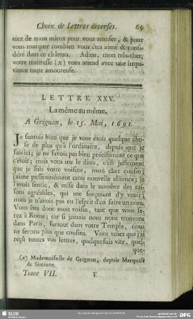 Lettre XXV. La même au même. A Grignan, le 15. Mai, 1691