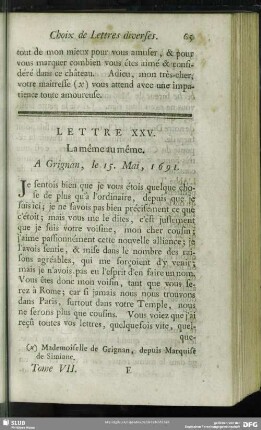 Lettre XXV. La même au même. A Grignan, le 15. Mai, 1691