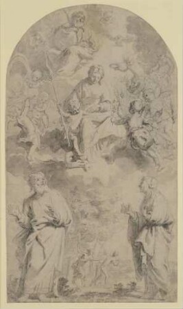 Maria auf Wolken von Engeln umgeben, über ihr Gottvater, unten die Vertreibung aus dem Paradies