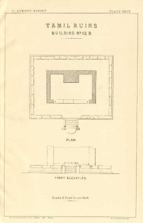 Plate XXVIII. Tamil ruins. Building No. 13 B. Plan. Front elevation.