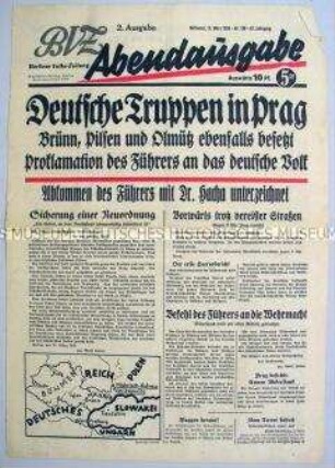 Titelblatt der Abendausgabe der "Berliner Volks-Zeitung" zur Annexion des tschechischen Teils der Tschechoslowakei