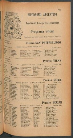 Hipódromo Argentino - Reunión del Domingo 8 de Diciembre [de 1907] - Programa oficial