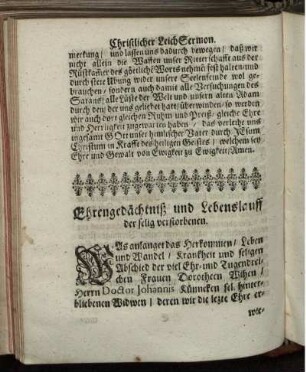 Ehrengedächtniß und Lebenslauff der selig verstorbenen.