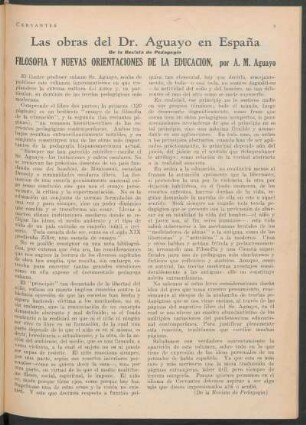 Las obras del Dr. Aguayo en España de la Revista de Pedagogía : Filosofía y nuevas orientaciones de la educación