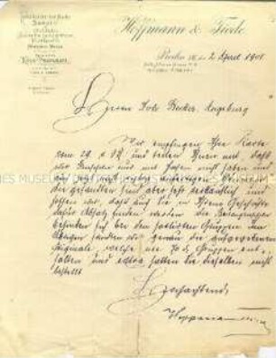 Handschriftlicher Brief von Hugo Hoffmann mit der Absage einer Bestellung - Sachkonvolut