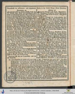 Verzeichnis der ankommen- und abgehenden Posten in der kaiserl. königl. Stadt Freyburg.