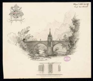 Straßenbrücke im Gebirge Monatskonkurrenz April 1881: Grundrissskizze der Brückenträger; Aufriss Talansicht; Maßstabsleiste