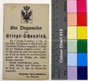 Gedruckte Kriegsdepesche vom Königlichen Polizei-Präsidium über die Kriegsereignisse vom 2.8.1870 um Saarbrücken während des Deutsch-Französischen Krieges