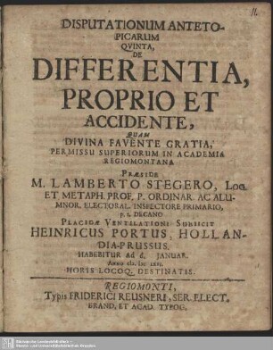 Disputationum Antetopicarum Qvinta, De Differentia, Proprio Et Accidente