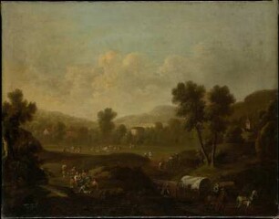 Bergige Landschaft mit rastenden Figuren und Planwagen