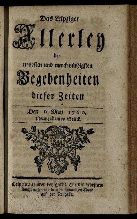 Den 6 May 1760. Neunzehentes Stück.