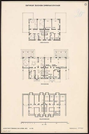 Zweifamilienhaus Monatskonkurrenz Februar 1930: Grundriss Keller, Erdgeschoss, Obergeschoss 1:100; Maßstabsleiste