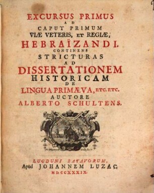 Excursus Primus Ad Caput Primum Viae Veteris, Et Regiæ, Hebraïzandi : Continens Stricturas Ad Dissertationem Historicam De Lingua Primæva, Etc. Etc.