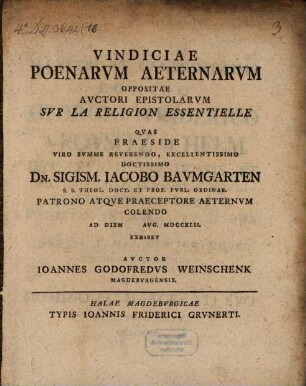 Vindiciae poenarum aeternarum, oppositae auctori epistolarum sur la réligion essentielle
