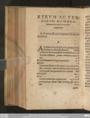 Rerum Ac Verborum Memorabilium in hac opello contentorum Index.