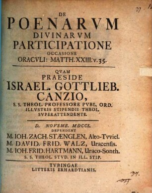De poenarum divinarum participatione : occasione oraculi Matth. XXIII. v. 35, [Pars 1]