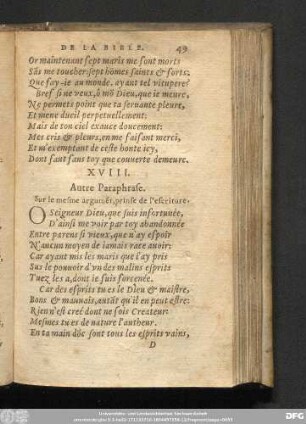 XVIII. Autre Paraphrase. Sur le mesme argume[n]t, prinse de l'escriture.