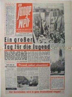 Propagandazeitung des FDJ für die Jugend in der Bundesrepublik u.a. zum 1. Mai