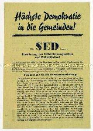 Forderungen der SED für eine Gemeindeverfassung und Aufruf zu den Gemeindewahlen 1946