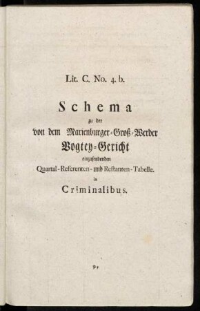 Lit. C. No. 4.b. Schema zu der von dem Marienburger Groß-Werder Vogtey-Gericht einzusendenden Quartal-Referenten- und Restanten-Tabelle. in Criminalibus