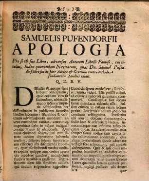 Pufendorfii apologia pro se & suo libro adversus autorem libelli famosi, cui titulus, index quarundam novitatum ...