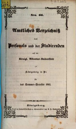 Amtliches Verzeichnis des Personals und der Studierenden der Albertus-Universität zu Königsberg i. Pr, 1862, SS = Nr. 66
