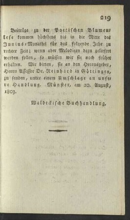 Beiträge zu der Poetischen Blumenlese kommen ...
