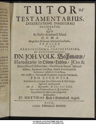 Tutor Testamentarius, Dissertatione Inaugurali Delineatus