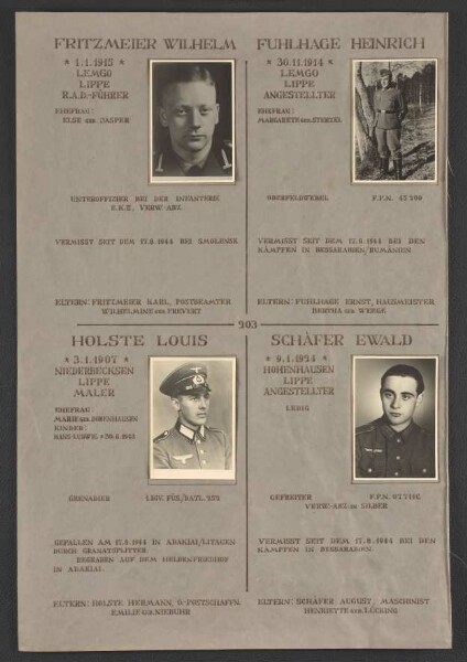 Ehrenbuch für die Gefallenen und Vermissten des Zweiten Weltkriegs; Fotos, Lebensdaten (Blatt 201-250, August bis Oktober)