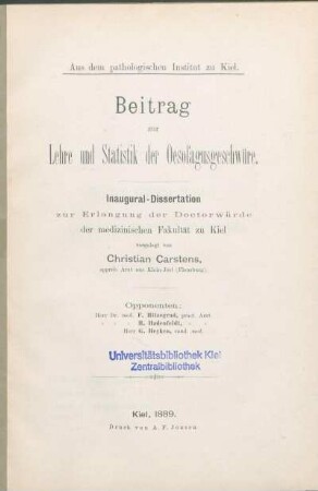 Beitrag zur Lehre und Statistik der Oesofagusgeschwüre