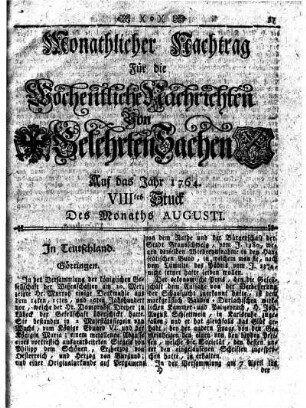Monathlicher Nachtrag [...] Auf das Jahr 1764. VIIItes Stuck Des Monaths Augusti