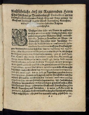 Außführliche/ deß jtzt Regierenden Herrn Chur Fürstens zu Brandenburgk/ Deduction an den verledigten Fürstenthumben Gülich/ Cleve und Berge ...